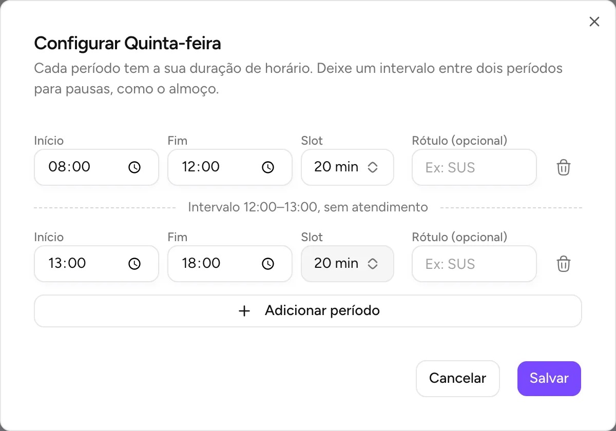 Diálogo Configurar Quinta-feira com dois períodos e o intervalo das 12:00 às 13:00 entre eles
